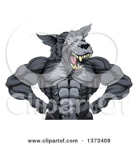 Clipart of a Firece Muscular Gray Wolf Man Mascot Flexing, from the Waist up - Royalty Free Vector Illustration by AtStockIllustration
