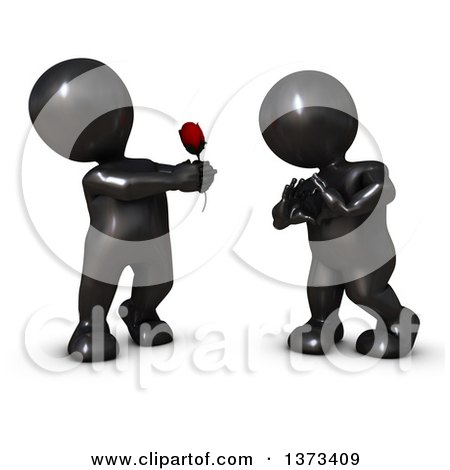 Clipart of a 3d Black Man Giving a Woman a Rose As She Gestures a Heart, on a White Background - Royalty Free Illustration by KJ Pargeter