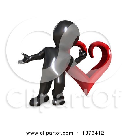 Clipart of a 3d Black Man Presenting and Leaning Against a Love Heart, on a White Background - Royalty Free Illustration by KJ Pargeter