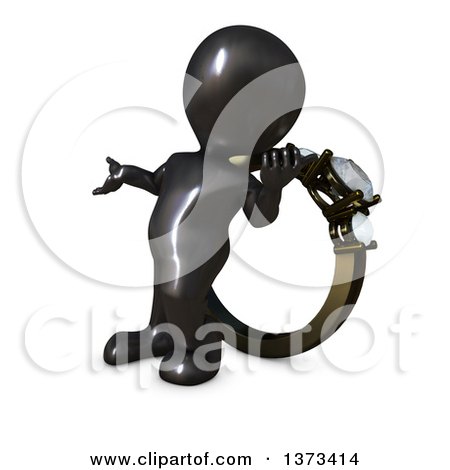 Clipart of a 3d Black Man Presenting and Leaning Against an Engagement Ring, on a White Background - Royalty Free Illustration by KJ Pargeter