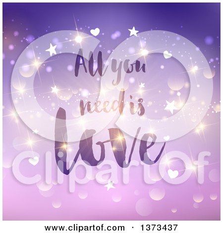 Clipart of All You Need Is Love Text over Purple with Flares, Sparkles and Stars - Royalty Free Vector Illustration by KJ Pargeter