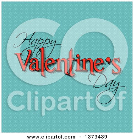 Clipart of a Retro Happy Valentines Day Greeting over Blue Polka Dots - Royalty Free Vector Illustration by KJ Pargeter