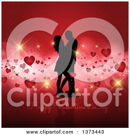 Clipart of a Happy Valentines Day Greeting Under a Silhouetted Couple on Red with Floating Hearts - Royalty Free Vector Illustration by KJ Pargeter