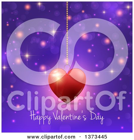 Clipart of a Happy Valentines Day Greeting Under a Suspended Heart over Purple with Flares - Royalty Free Vector Illustration by KJ Pargeter