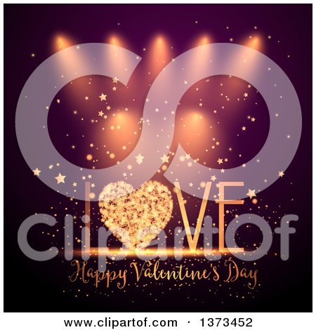 Clipart of a Happy Valentines Day Greeting with a Heart in the Word Love, Stars, and Sparkles over Spotlights - Royalty Free Vector Illustration by KJ Pargeter