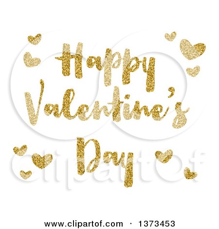 Clipart of a Happy Valentines Day Greeting and Hearts in Gold Glitter over White - Royalty Free Vector Illustration by KJ Pargeter