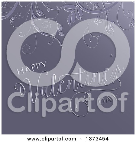 Clipart of a Happy Valentines Day Greeting over Purple with Embossed Floral Vines - Royalty Free Vector Illustration by KJ Pargeter