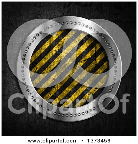 Clipart of a 3d Riveted Silver Round Frame with Grungy Hazard Stripes - Royalty Free Illustration by KJ Pargeter