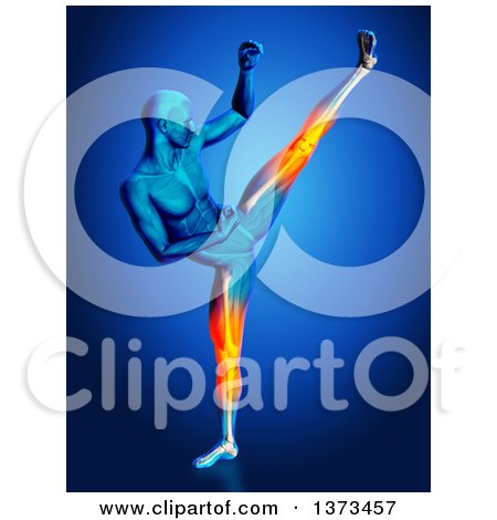 Clipart of a 3d Blue Anatomical Man Kick Boxing, with Visible Glowing Knee and Leg Pain, on Blue - Royalty Free Illustration by KJ Pargeter