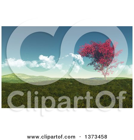 Clipart of a 3d Autumn Maple Tree in a Hilly Grassy Landscape - Royalty Free Illustration by KJ Pargeter