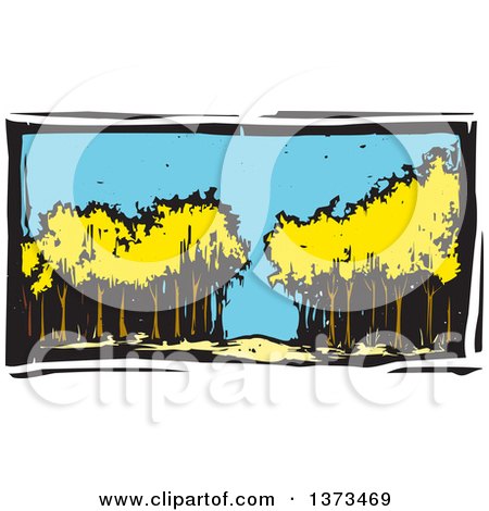 Clipart of a Woodcut Landscape of Trees in a Forest - Royalty Free Vector Illustration by xunantunich