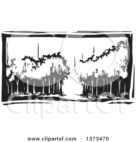 Clipart of a Black and White Woodcut Landscape of Trees in a Forest - Royalty Free Vector Illustration by xunantunich