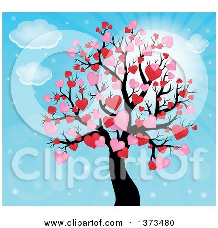 Clipart of a Valentines Day Tree with Pink and Red Heart Foliage over Blue Sky - Royalty Free Vector Illustration by visekart