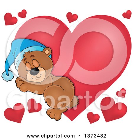 Clipart of a Cartoon Cute Brown Bear Sleeping over Red Valentine Hearts - Royalty Free Vector Illustration by visekart