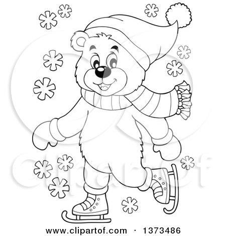 Clipart of a Black and White Bear Ice Skating and Wearing Winter Accessories - Royalty Free Vector Illustration by visekart