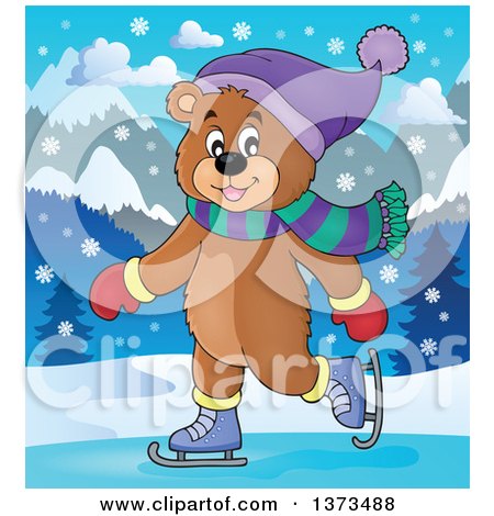 Clipart of a Happy Bear Ice Skating in the Snow - Royalty Free Vector Illustration by visekart