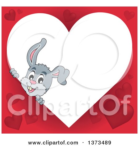 Clipart of a Heart Shaped Valentines Day Frame with a Happy Gray Bunny Rabbit - Royalty Free Vector Illustration by visekart