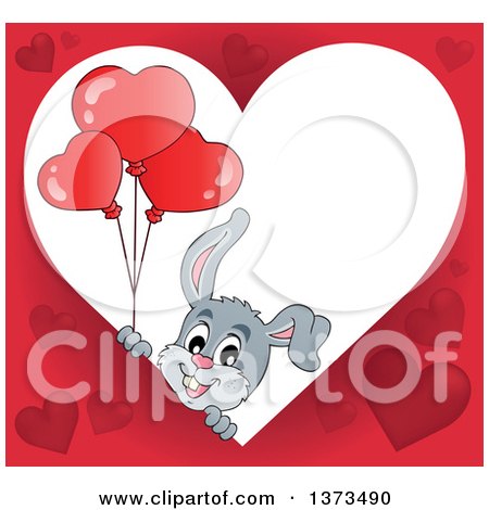 Clipart of a Heart Shaped Valentines Day Frame with a Happy Gray Bunny Rabbit Holding Balloons - Royalty Free Vector Illustration by visekart