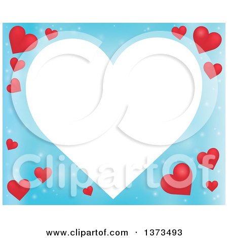 Clipart of a Heart Shaped Frame over a Blue Valentines Day Background with Red Hearts - Royalty Free Vector Illustration by visekart