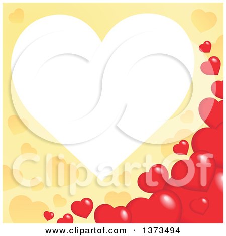 Clipart of a Heart Shaped Frame over a Yellow Valentines Day Background with Red Hearts - Royalty Free Vector Illustration by visekart