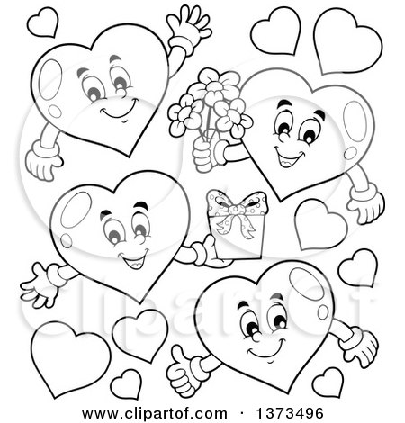 Clipart of Black and White Valentine Heart Characters - Royalty Free Vector Illustration by visekart