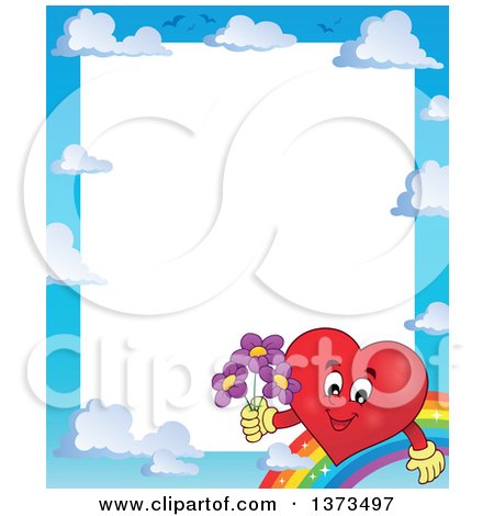 Clipart of a Border of a Valentine Heart Character Holding Flowers, Rainbow and Sky - Royalty Free Vector Illustration by visekart