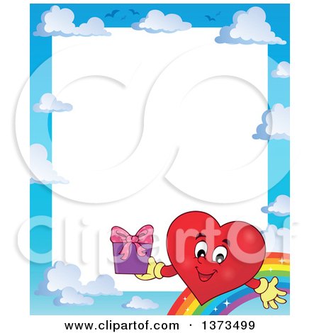 Clipart of a Sky and Rainbow Border with a Valentine Heart Character Holding a Gift - Royalty Free Vector Illustration by visekart