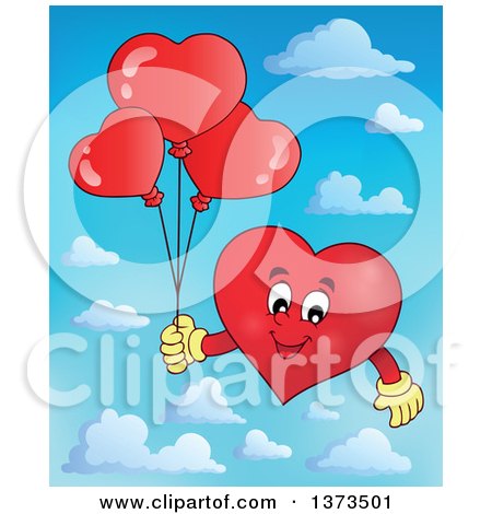 Clipart of a Valentine Heart Character Holding Balloons over Sky - Royalty Free Vector Illustration by visekart