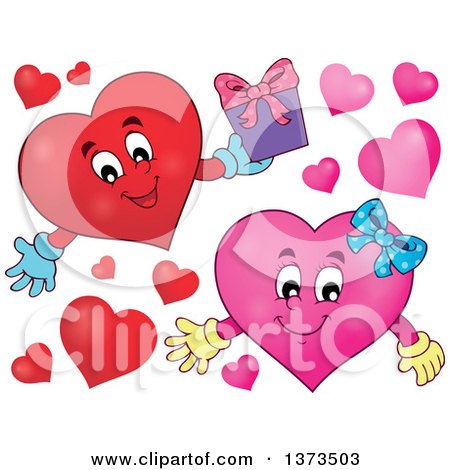 Clipart of a Valentine Heart Character Holding a Gift and a Pink Female Heart - Royalty Free Vector Illustration by visekart