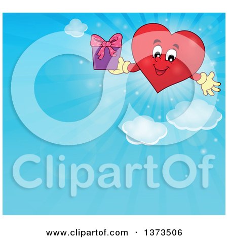 Clipart of a Valentine Heart Character Holding a Gift over a Blue Sky - Royalty Free Vector Illustration by visekart