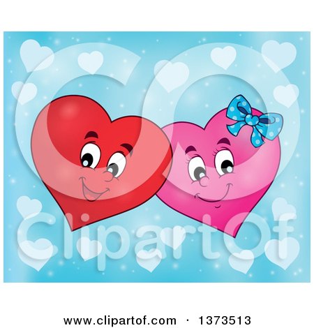 Clipart of a Valentine Heart Character Couple over Blue - Royalty Free Vector Illustration by visekart