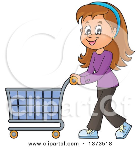 Clipart of a Cartoon Happy White Woman Pushing a Shopping Cart - Royalty Free Vector Illustration by visekart