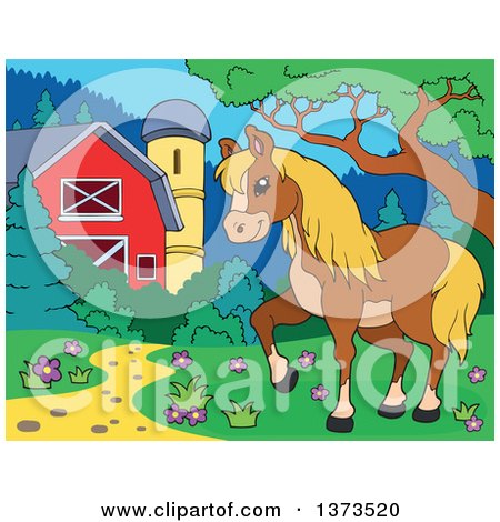 Clipart of a Blond and Brown Horse Walking near a Barn and Silo - Royalty Free Vector Illustration by visekart