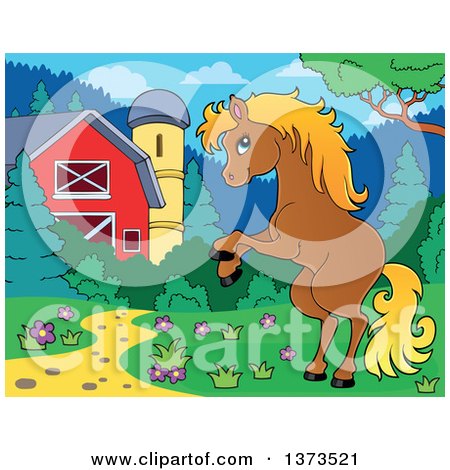 Clipart of a Blond and Brown Horse Rearing near a Barn and Silo - Royalty Free Vector Illustration by visekart
