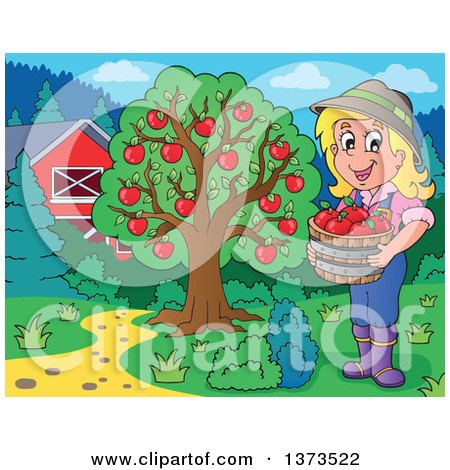 Clipart of a Happy White Female Farmer Holding a Bushel of Apples near a Tree and Barn - Royalty Free Vector Illustration by visekart