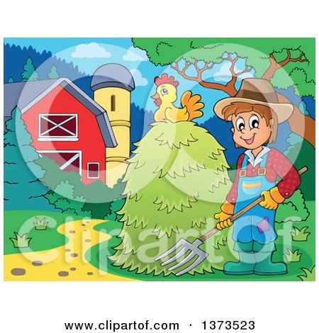 Clipart of a Happy White Male Farmer Holding a Pitchfork at a Hay Stack with a Chicken near a Barn and Silo - Royalty Free Vector Illustration by visekart