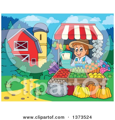 Clipart of a Happy White Male Farmer Selling Produce at a Stand near a Barn and Silo - Royalty Free Vector Illustration by visekart