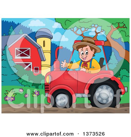 Clipart of a Happy White Male Farmer Waving and Driving a Red Tractor by a Barn and Silo - Royalty Free Vector Illustration by visekart