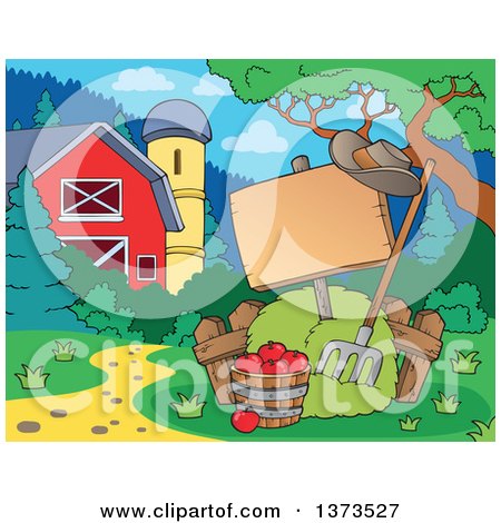 Clipart of a Blank Sign, Hay, Pitchfork and Apples by a Barn and Silo - Royalty Free Vector Illustration by visekart
