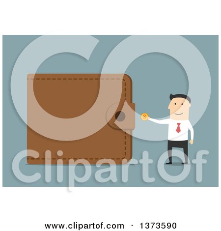 Clipart of a Flat Design White Business Man Inserting a Coin into a Giant Wallet, on Blue - Royalty Free Vector Illustration by Vector Tradition SM