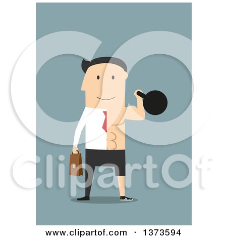 Clipart of a Flat Design White Business Man Half Ready to Work, Half Working out with a Kettle Bell, on Blue - Royalty Free Vector Illustration by Vector Tradition SM