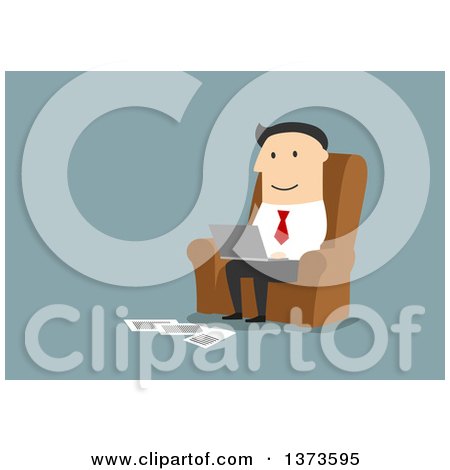 Clipart of a Flat Design White Business Man Using a Laptop and Working from Home, on Blue - Royalty Free Vector Illustration by Vector Tradition SM
