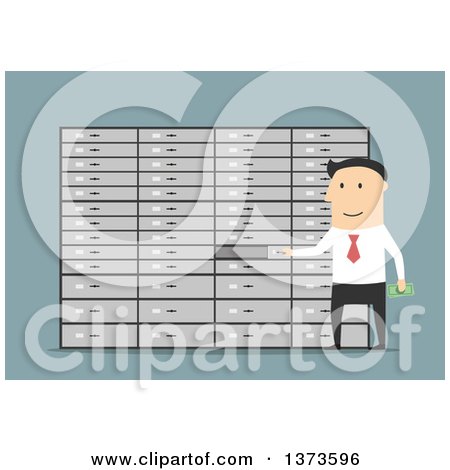Clipart of a Flat Design White Business Man Using a Safety Deposit Box, on Blue - Royalty Free Vector Illustration by Vector Tradition SM