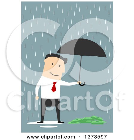 Clipart of a Flat Design White Business Man Holding an Umbrella over Cash in the Rain, on Blue - Royalty Free Vector Illustration by Vector Tradition SM