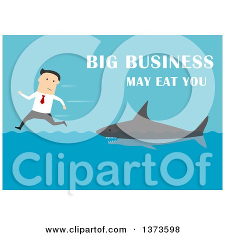Clipart of a Flat Design Big Business May Eat You Shark Chasing a White Business Man, on Blue - Royalty Free Vector Illustration by Vector Tradition SM