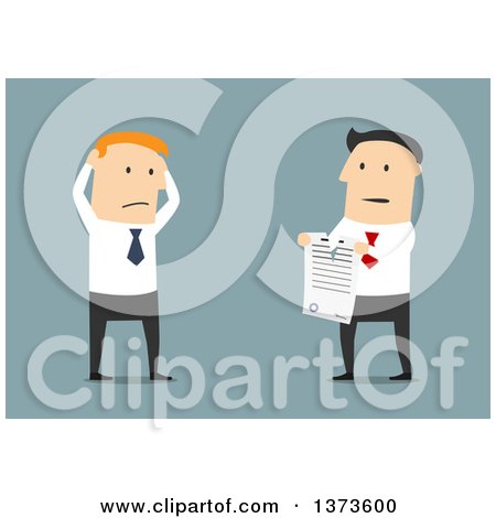 Clipart of a Flat Design White Business Man Watching His Partner Tear up a Contract, on Blue - Royalty Free Vector Illustration by Vector Tradition SM