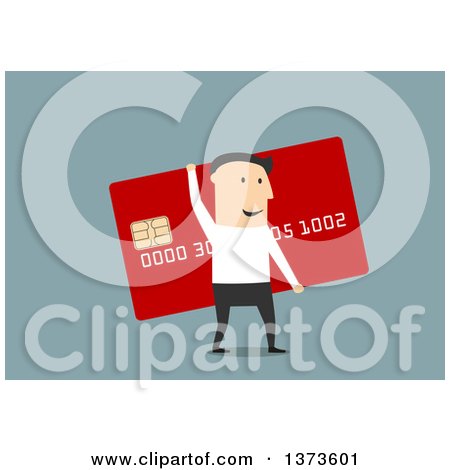 Clipart of a Flat Design White Business Man Carrying a Giant Credit Card, on Blue - Royalty Free Vector Illustration by Vector Tradition SM