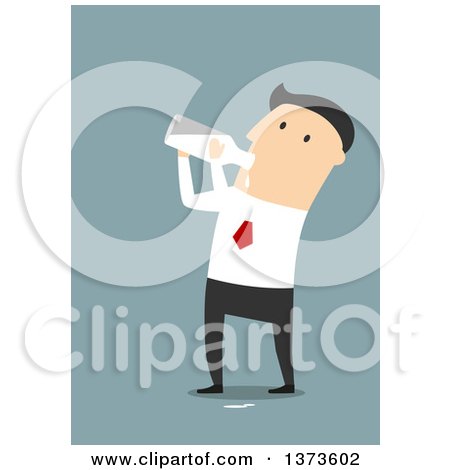 Clipart of a Flat Design White Business Man Gulping Milk from a Bottle, on Blue - Royalty Free Vector Illustration by Vector Tradition SM