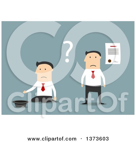 Clipart of a Flat Design White Business Man Shown Fired and Broke, on Blue - Royalty Free Vector Illustration by Vector Tradition SM
