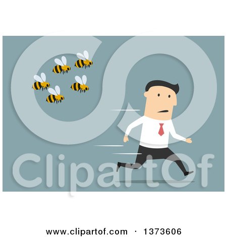 Clipart of a Flat Design White Business Man Being Chased by Bees, on Blue - Royalty Free Vector Illustration by Vector Tradition SM